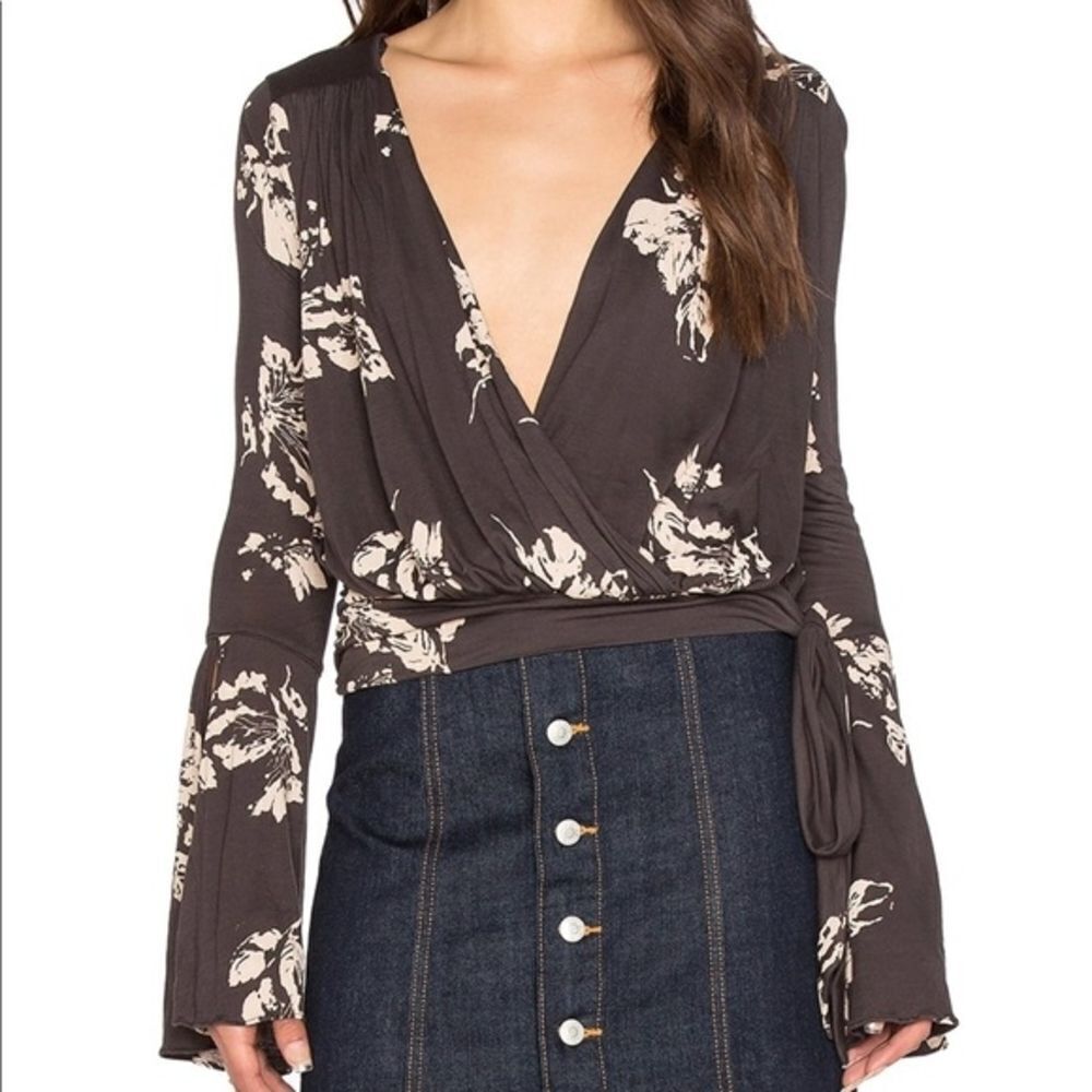 Free People Brown Floral Bell Sleeve Fiona Plunge Top XS